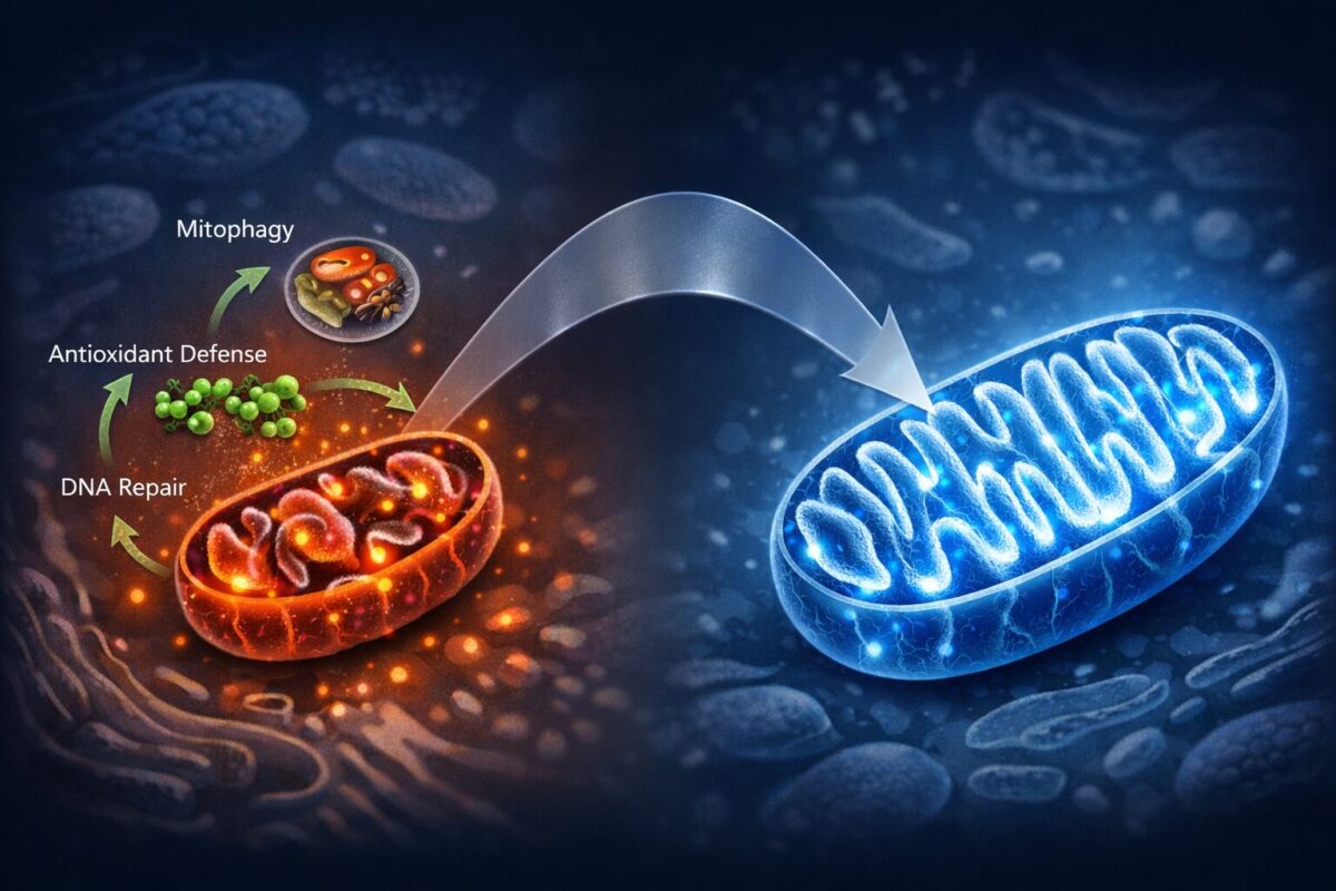 () scientific infographic-style illustration showing a split-panel comparison: left side depicts a stressed mitochondrion
