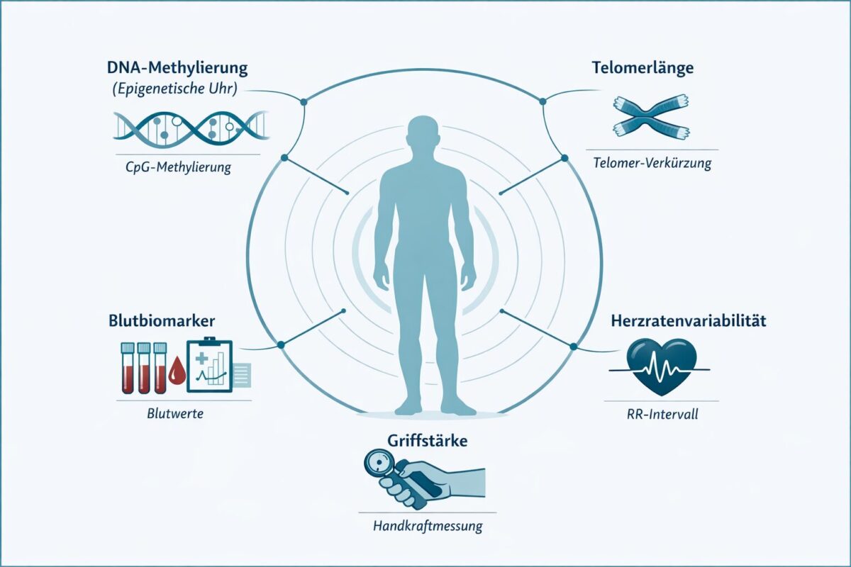 Biologisches Alter: So misst du, wie alt dein Körper wirklich ist 1 () scientific infographic-style illustration showing multiple biological age measurement methods arranged in a circular