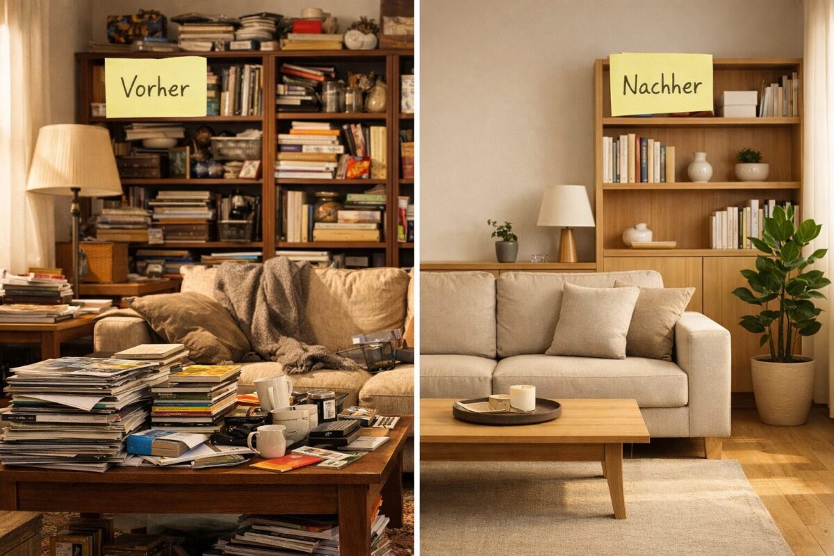 Ausmisten leicht gemacht: Schritt für Schritt zum aufgeräumten Zuhause 2 () showing a before-and-after split composition of a cluttered German Wohnzimmer on the left (stacked magazines, overflowing