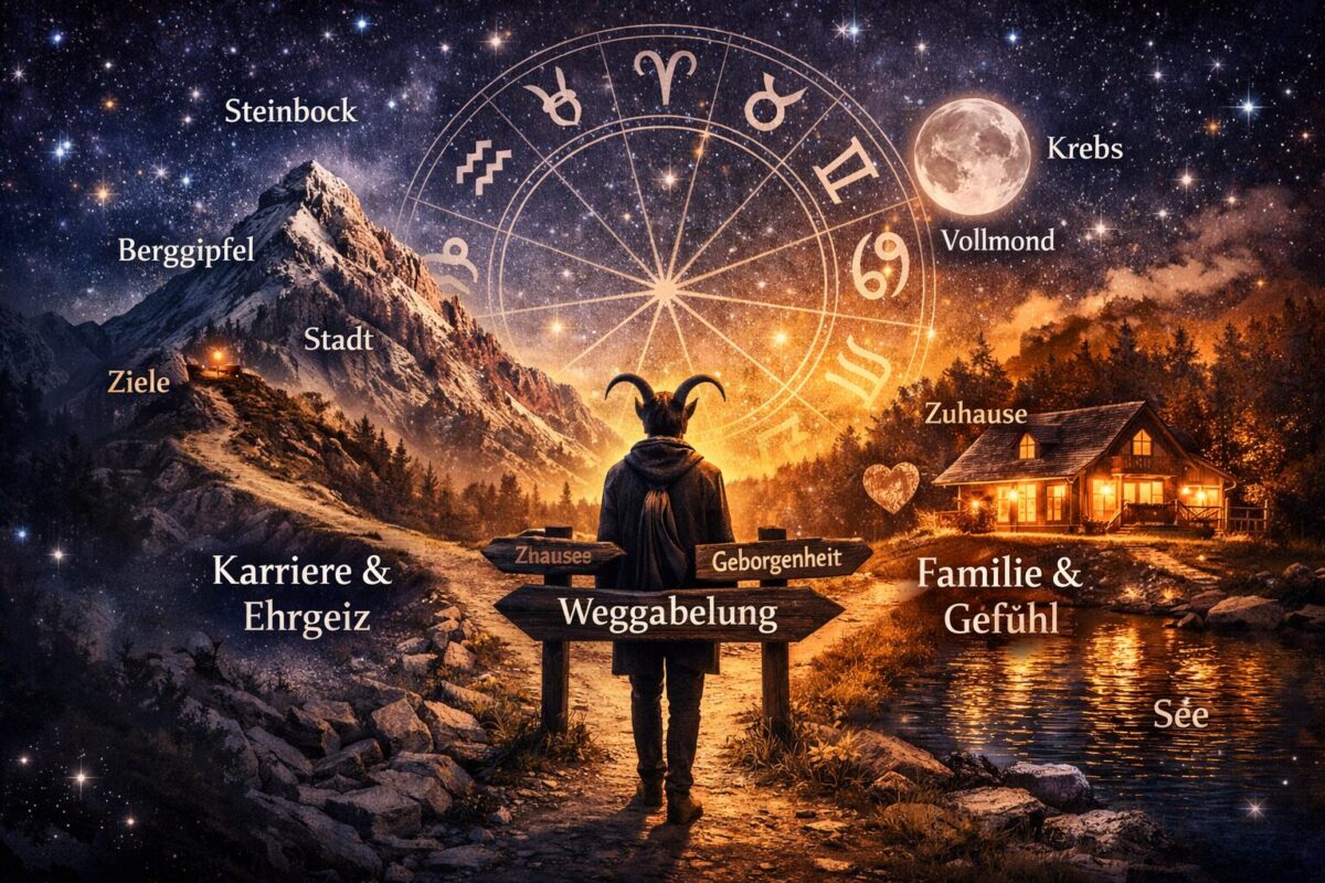 () showing a comparison visual for Steinbock mit Aszendent Krebs in relationships and career. Center: a symbolic figure