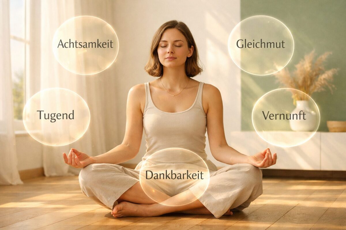 () showing a modern young woman with closed eyes in a meditative pose, sitting cross-legged on a wooden floor in a