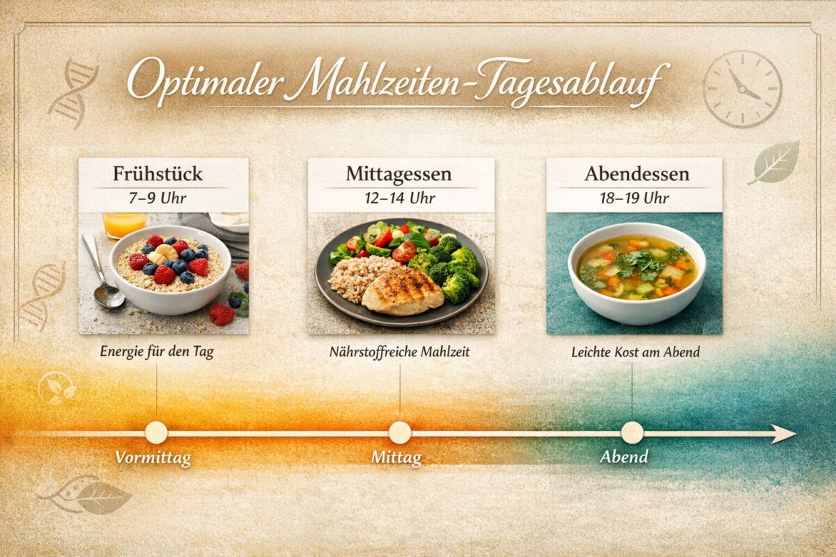 () showing a practical daily meal timing chart as an elegant infographic. Three meal windows displayed as timeline: