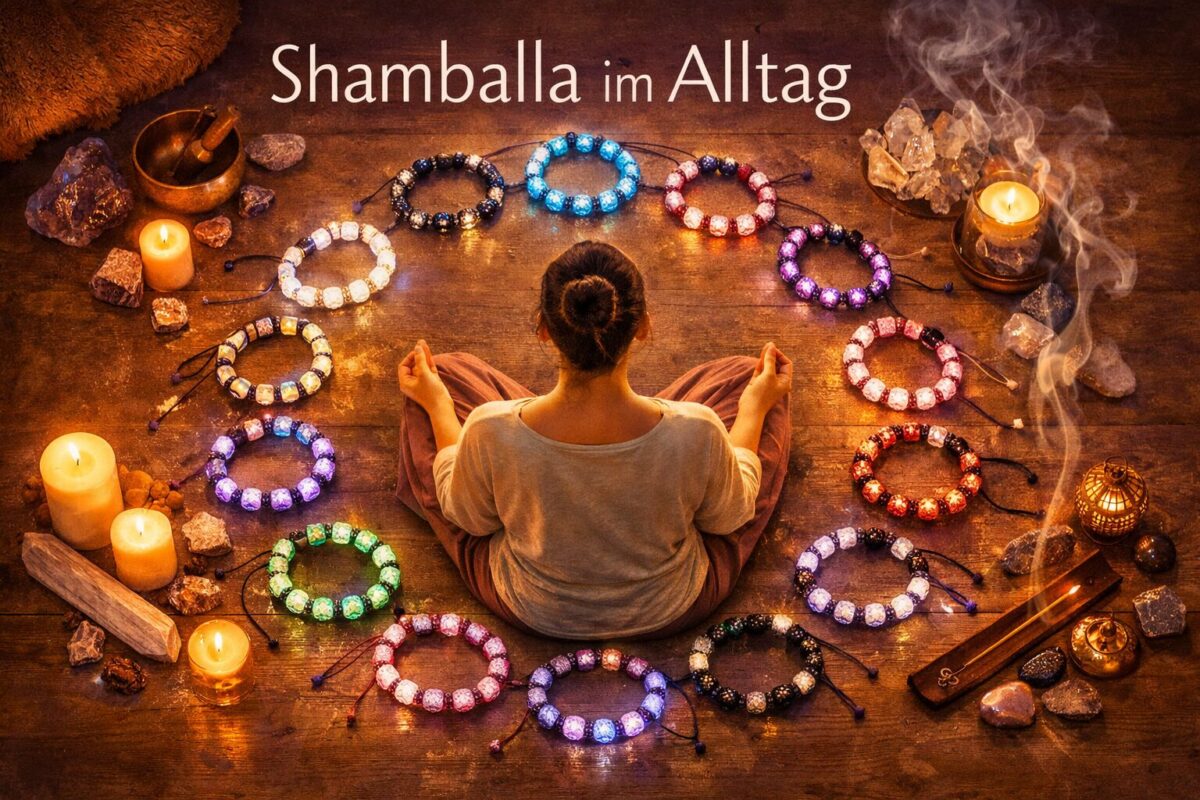 Shamballa Bedeutung: Ursprung, Esoterik & Praxis 2026 2 () showing a serene meditation space with a person in lotus position surrounded by glowing Shamballa bracelets arranged in a