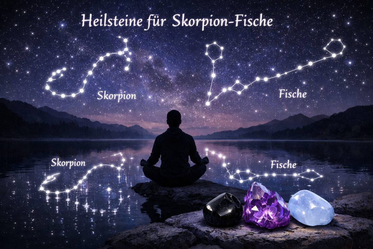Sternzeichen Skorpion mit Aszendent Fische 2 () showing a serene yet intense scene: a person in silhouette meditating at the edge of dark water under a starry sky, with