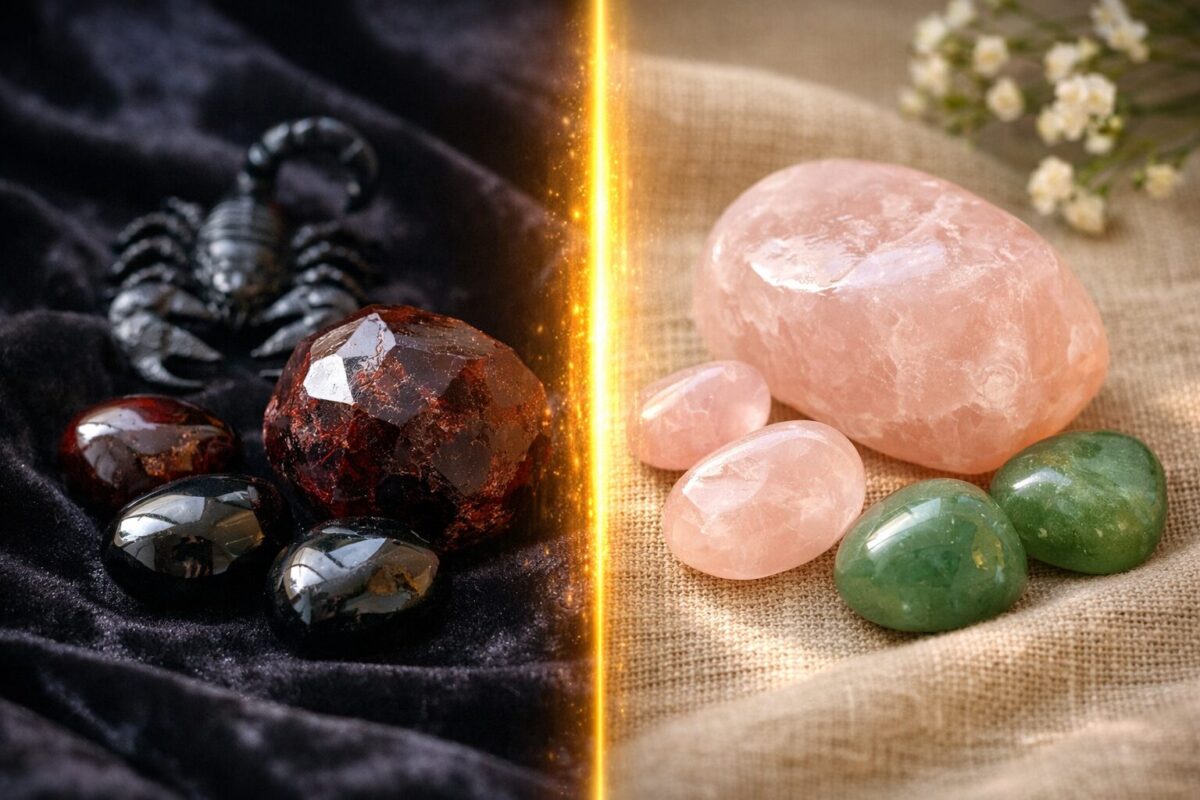 Sternzeichen Skorpion mit Aszendent Stier 2 () showing a split symbolic composition: left side features deep red garnet and obsidian healing stones on dark velvet