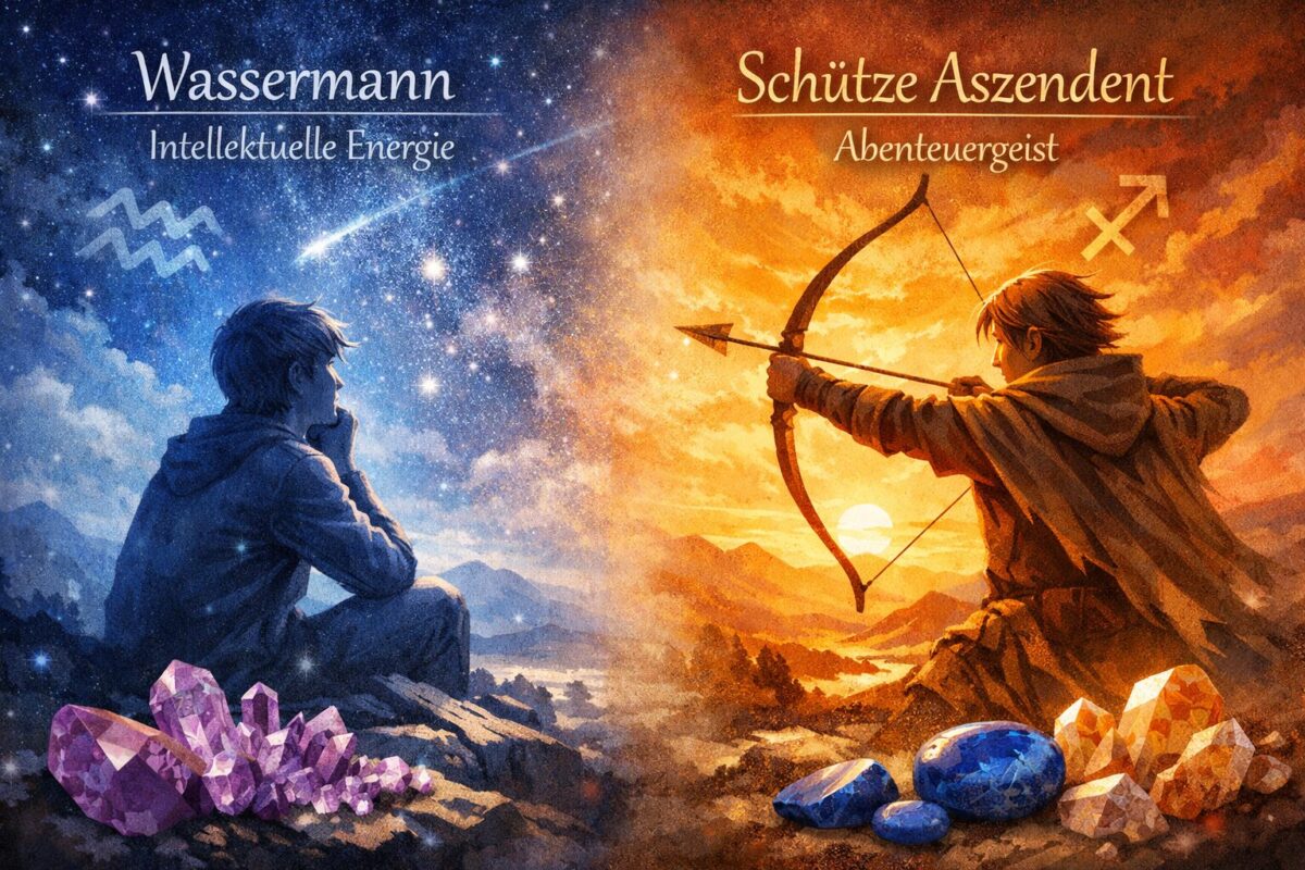 Sternzeichen Wassermann mit Aszendent Schütze 2 () showing a symbolic split-scene: left side features a contemplative figure gazing at stars representing Wassermann