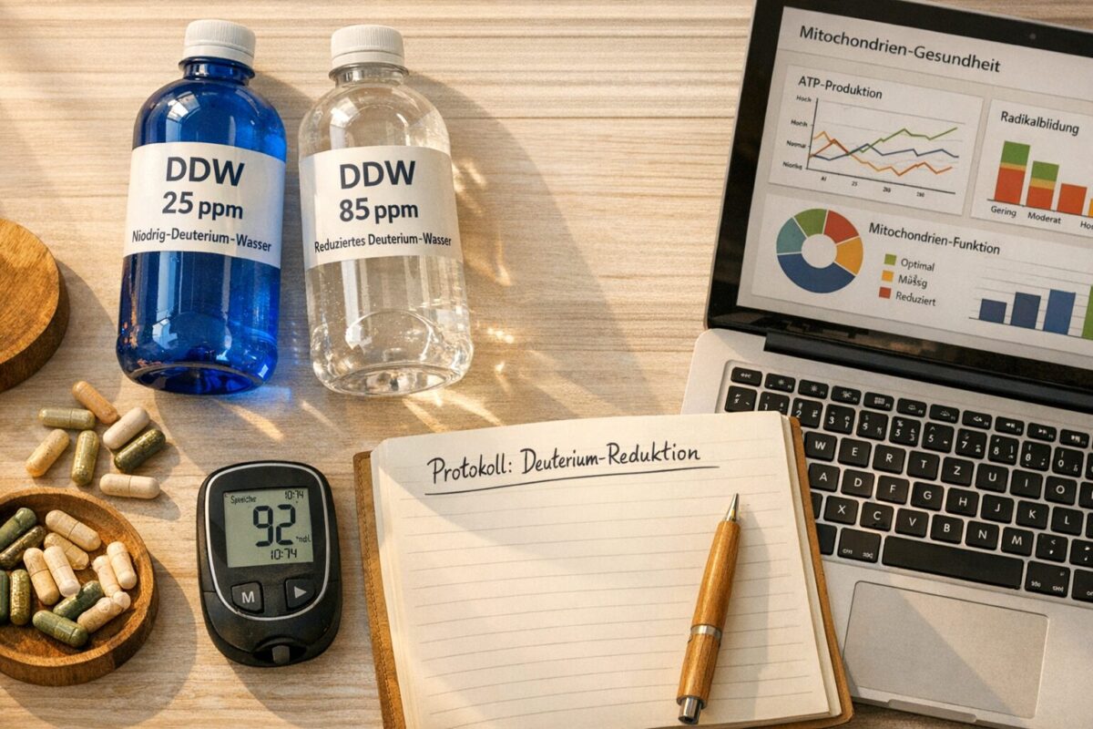 Deuterium-reduziertes Wasser: Extremes Biohacking für optimale Mitochondrien-Funktion? 2 () showing a top-down flat-lay of a biohacker workspace: specialized deuterium-depleted water bottles labeled 'DDW 25 ppm'