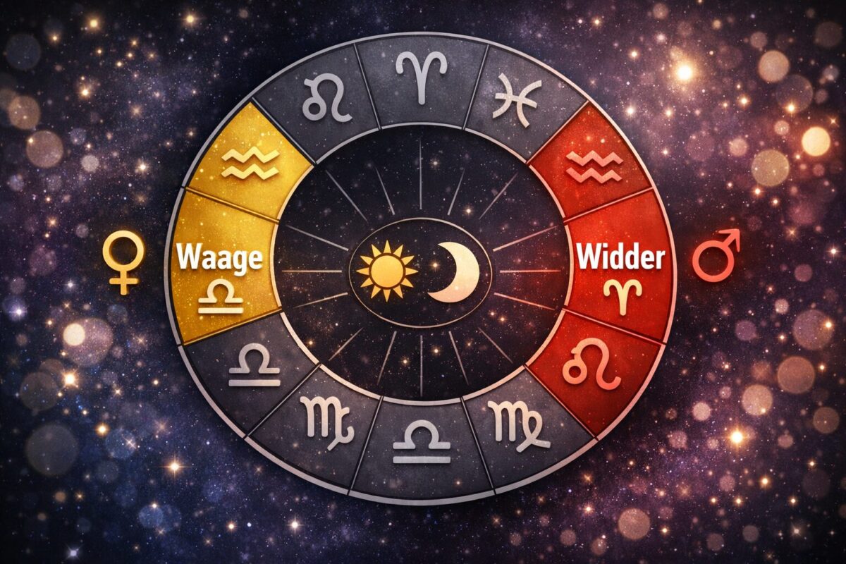 Sternzeichen Waage mit Aszendent Widder 2 () showing a zodiac compatibility and personality chart concept: a circular astrological birth chart with Waage (Libra) and