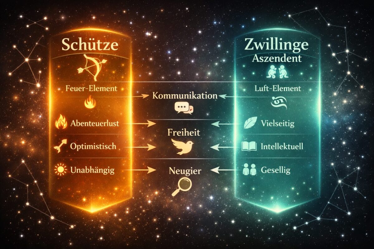 () showing an elegant astrology compatibility and personality traits visual. Centered comparison table-style infographic