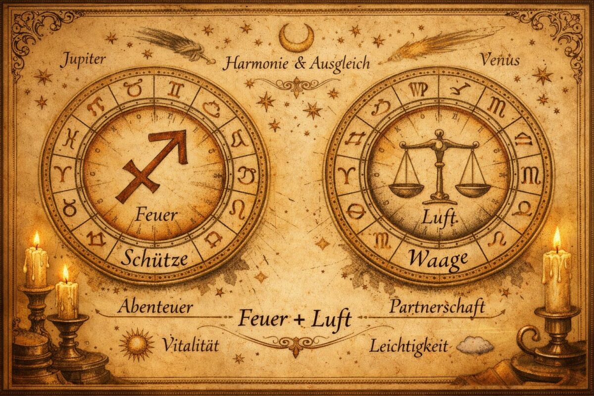 Sternzeichen Schütze mit Aszendent Waage 2 () showing an elegant astrology compatibility chart styled as a vintage celestial map, featuring the Schütze (Sagittarius)