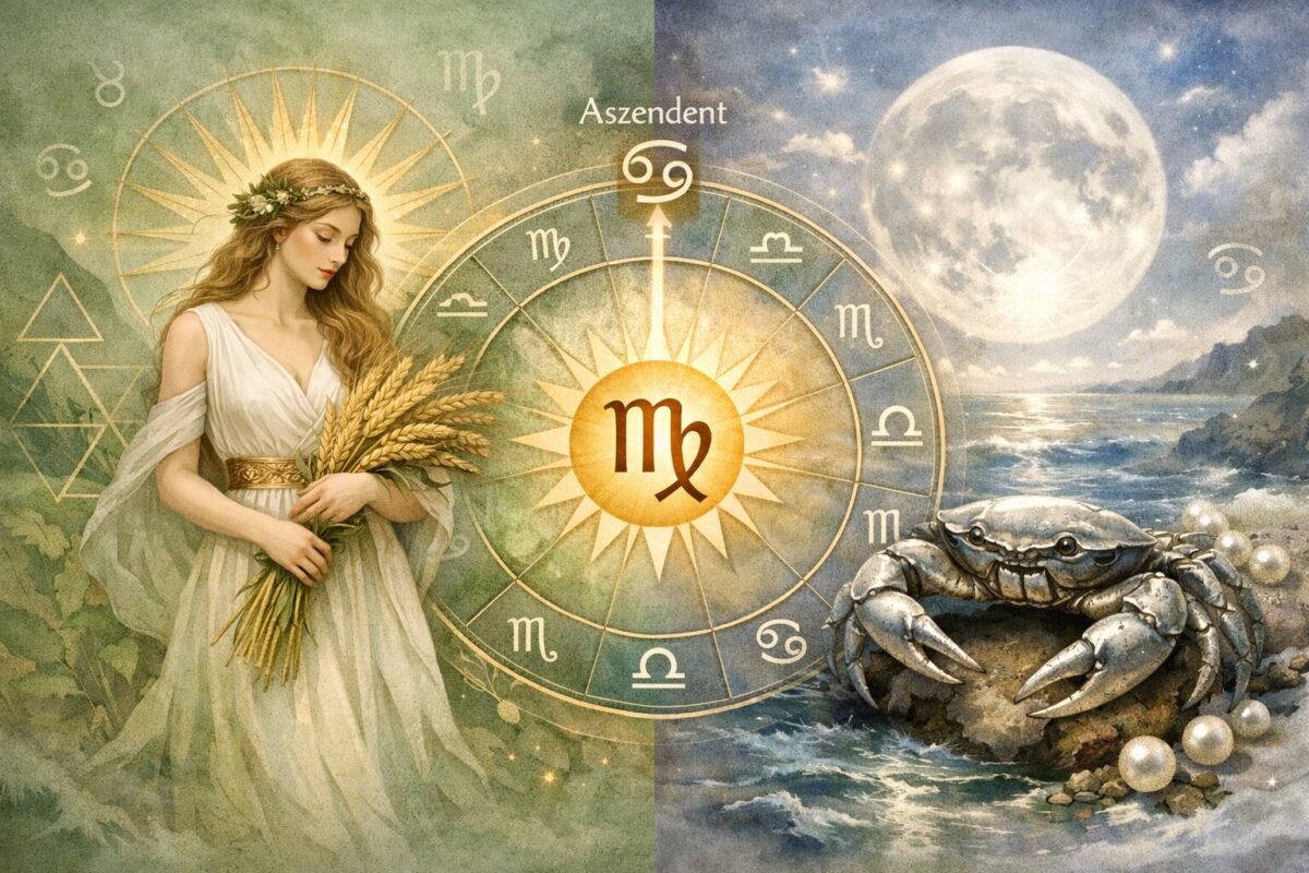 () split-composition infographic illustration showing the astrological combination of Jungfrau and Krebs Aszendent. Left