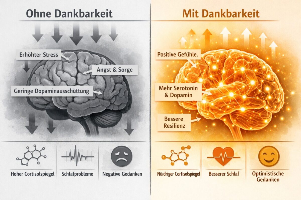 Dankbarkeit praktizieren: Wie kleine Momente deine Lebensfreude nachhaltig steigern 2 () split-composition infographic-style illustration showing two contrasting brain states side by side: left side labeled