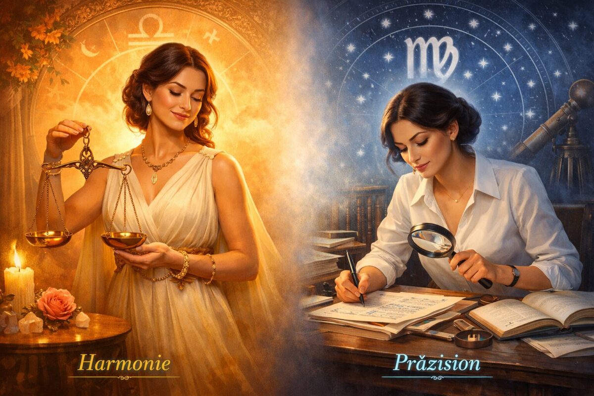 () split-scene concept illustration for personality traits. Left side: a serene person in elegant attire holding scales,