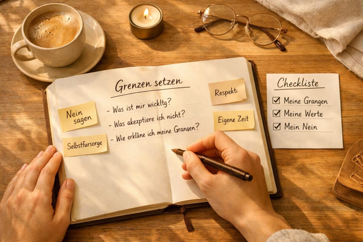 Die Kunst des Neinsagens: Grenzen setzen ohne schlechtes Gewissen 2 () step-by-step visual concept showing a person writing in a journal with boundary-setting notes, a small checklist visible