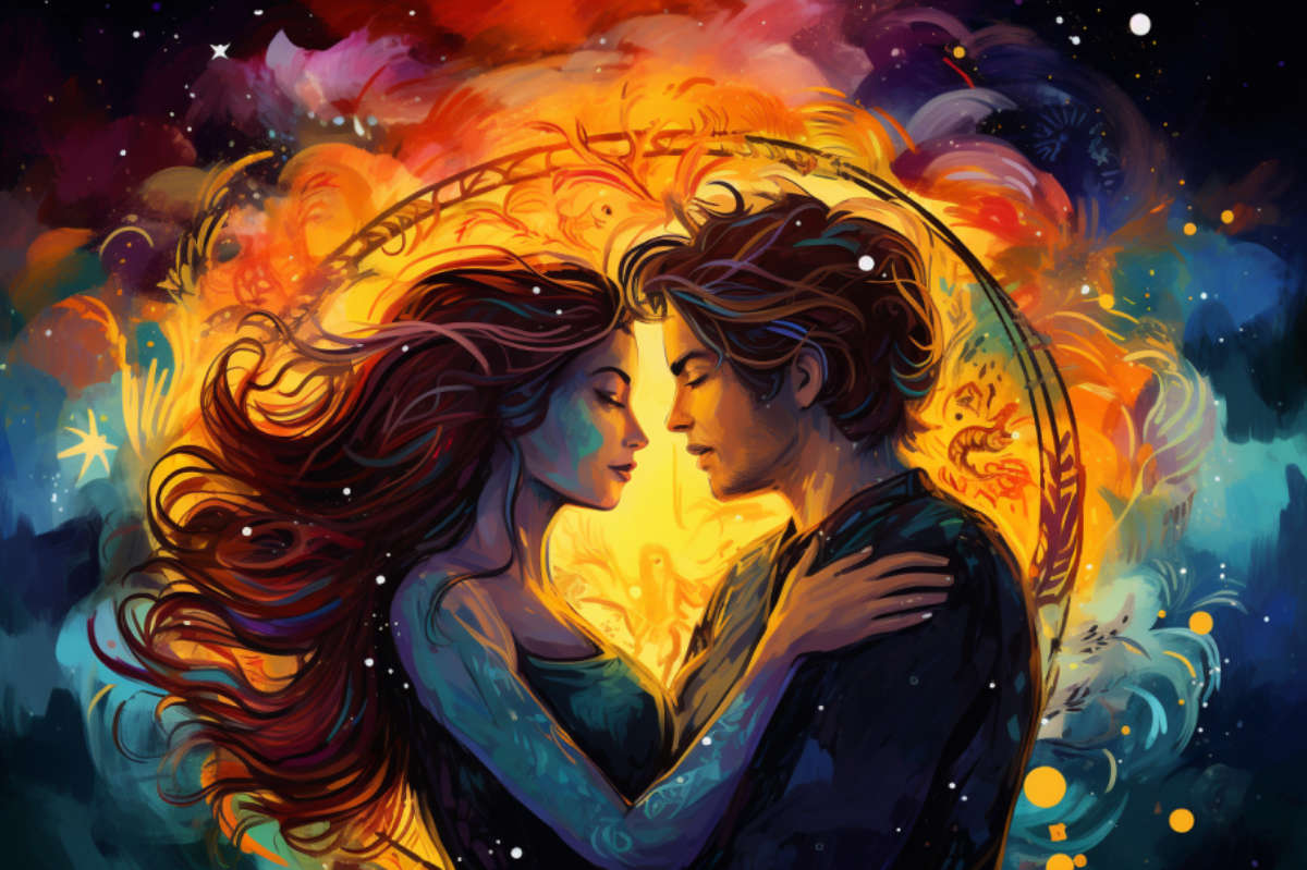 Zwei animierte Charaktere bilden mit ihren Köpfen ein Herz vor einem farbenfrohen, sternbesetzten kosmischen Hintergrund.