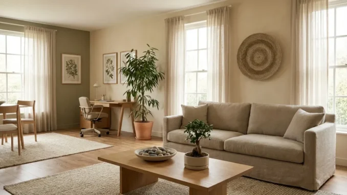 Nach Feng Shui gestaltetes Wohnzimmer mit Arbeitsbereich